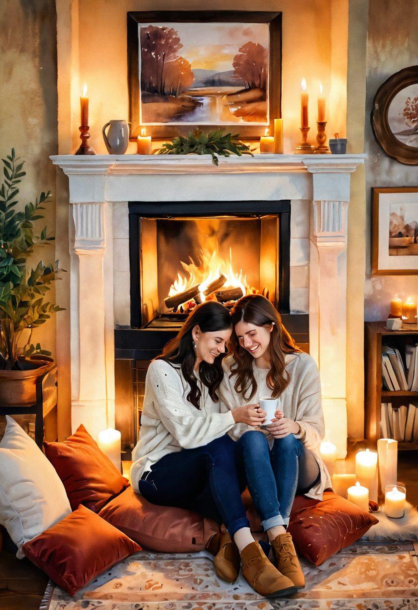 A cozy scene featuring a couple sitting by a fireplace, surrounded by soft, warm lighting and gentle flames, embracing each other with smiles that reflect affection. The room is adorned with intimate decorations such as photos, candles, and plush cushions, creating a nurturing atmosphere. Emphasize warm colors to evoke feelings of love and tenderness. watercolor painting. warm tones. soft focus.