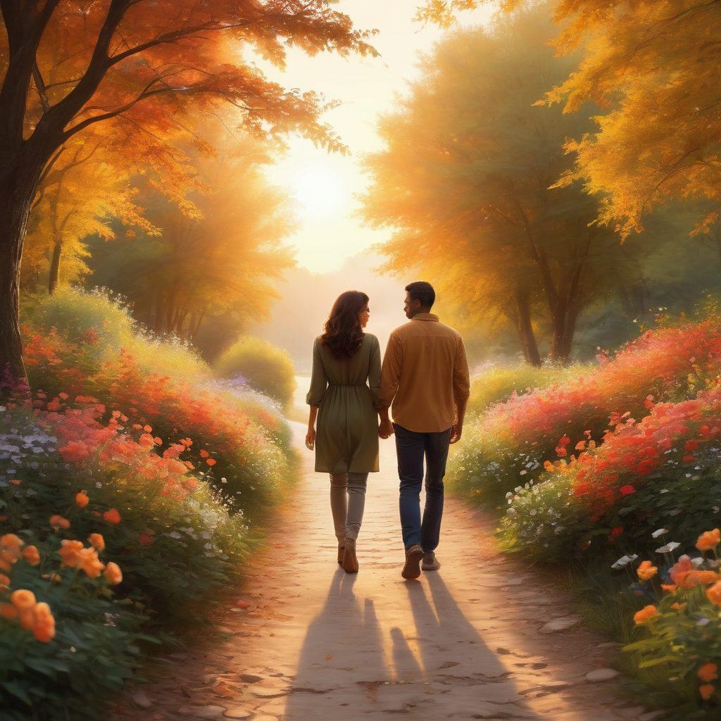 A warm, intimate scene depicting a couple walking hand-in-hand on a sunlit path adorned with blooming flowers, sharing soft smiles and tender glances. The background features a scenic sunset, casting golden hues that enhance their connection, symbolizing the beauty of lasting romance. Include subtle elements like heart-shaped leaves and gentle breeze effects to evoke love and bliss. super-realistic. vibrant colors. romantic atmosphere.