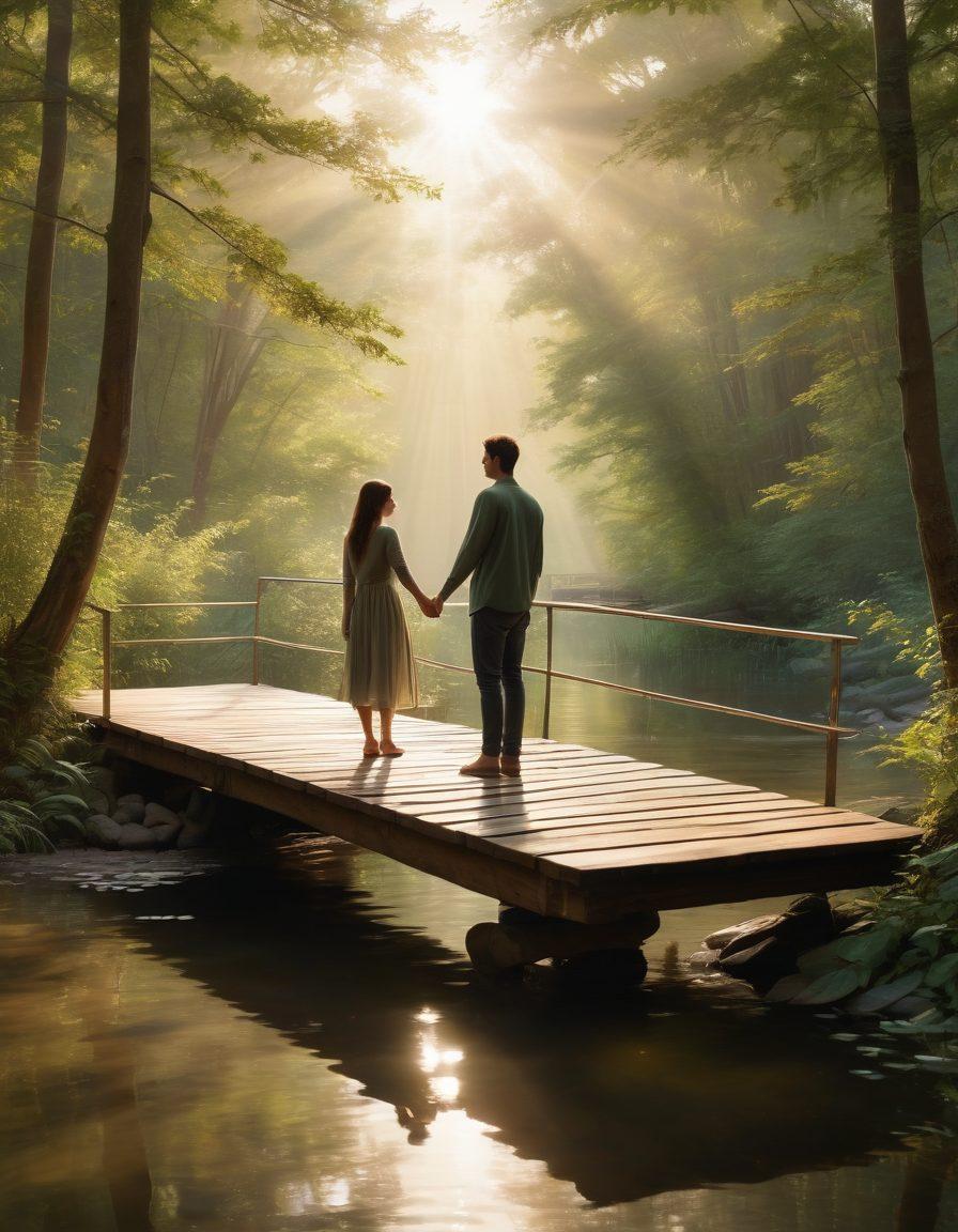 A serene scene depicting two individuals standing on a beautifully designed wooden bridge, reaching out to each other with hands almost touching, symbolizing emotional connection. The background features a peaceful landscape with soft sunlight streaming through trees, enhancing the warm, intimate atmosphere. Gentle ripples in the water below reflect their figures, conveying a sense of depth and intimacy. ethereal colors. romantic. super-realistic.